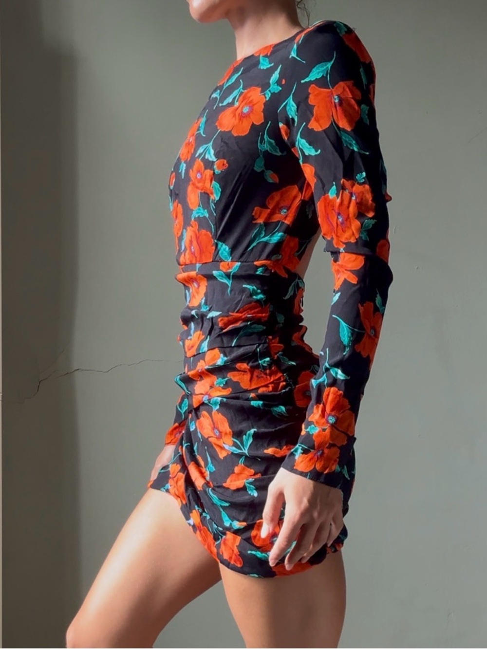Zara Black Long-Sleeve Mini Dress with Orange Floral Print